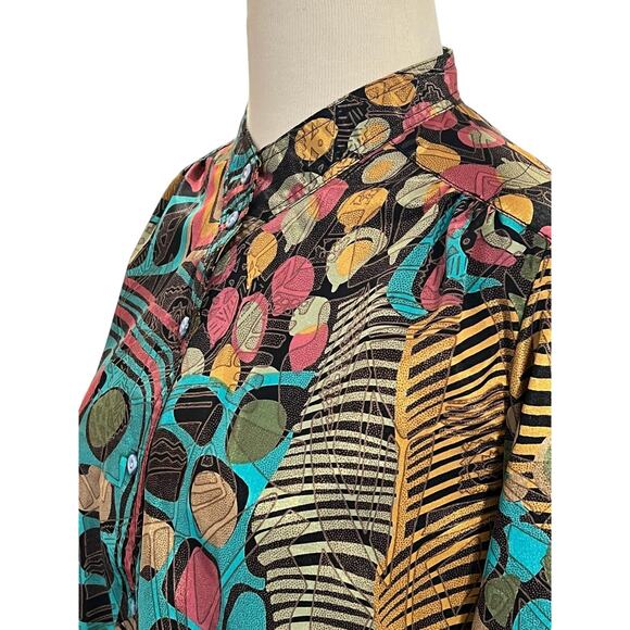 Vintage Over Star Large 100% Silk Mandarin Button Band Collar Jungle Pattern - Picture 3 of 8